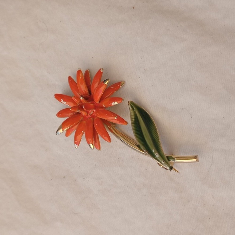 Vintage Orange and Green Floral Brooch Jewelry Casual Everyday Unique Funky